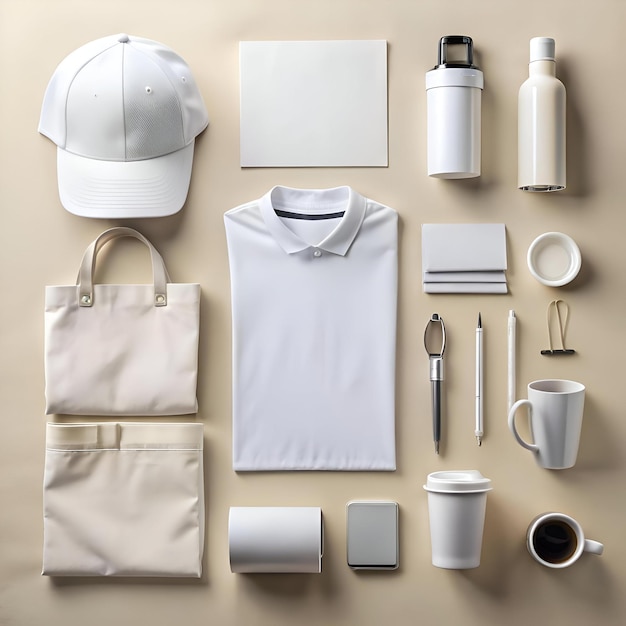 top-down-view-various-white-blank-promotional-merchandise-items-including-cap-polo-shirt-tote-bags-pens-water-bottle-coffee-mug-phone-case_1151-165420